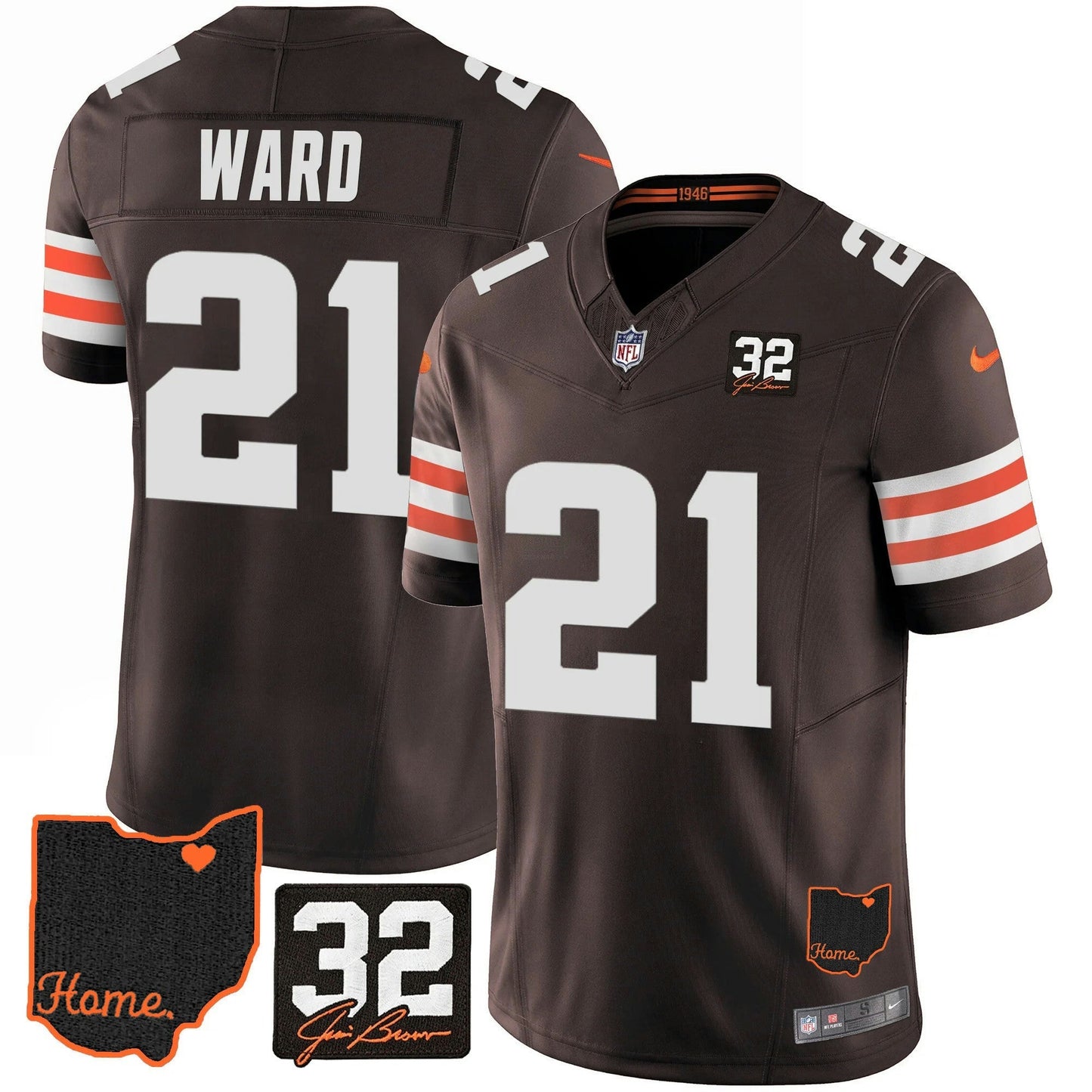 Camisa NFL Men’s #32 Jim Brown Memorial & Home Patch Jersey V3