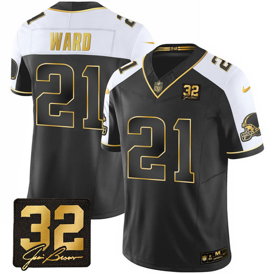 Camisa NFL Men’s #32 Jim Brown Memorial Patch Dourada Jersey