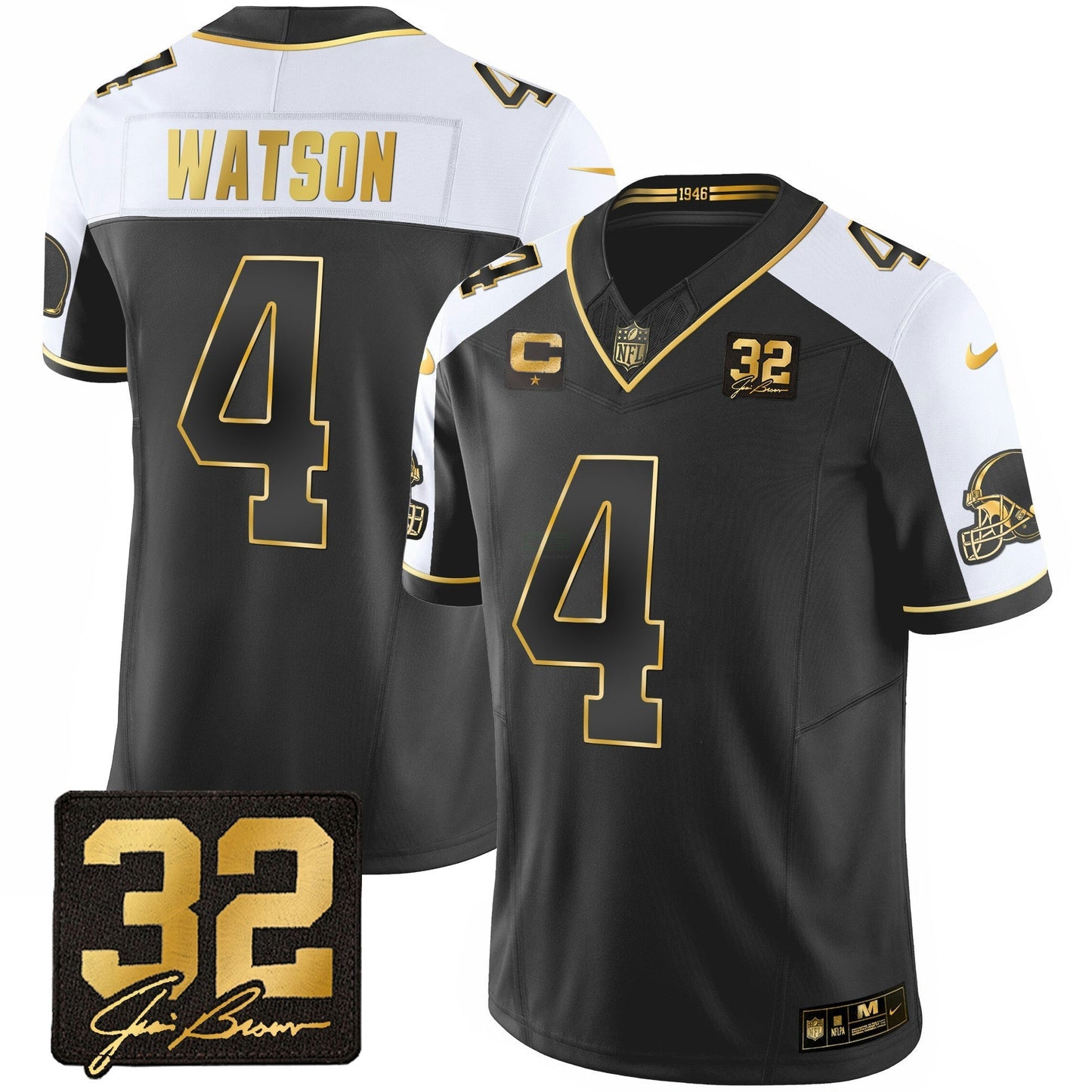 Camisa NFL Men’s #32 Jim Brown Memorial Patch Dourada Jersey