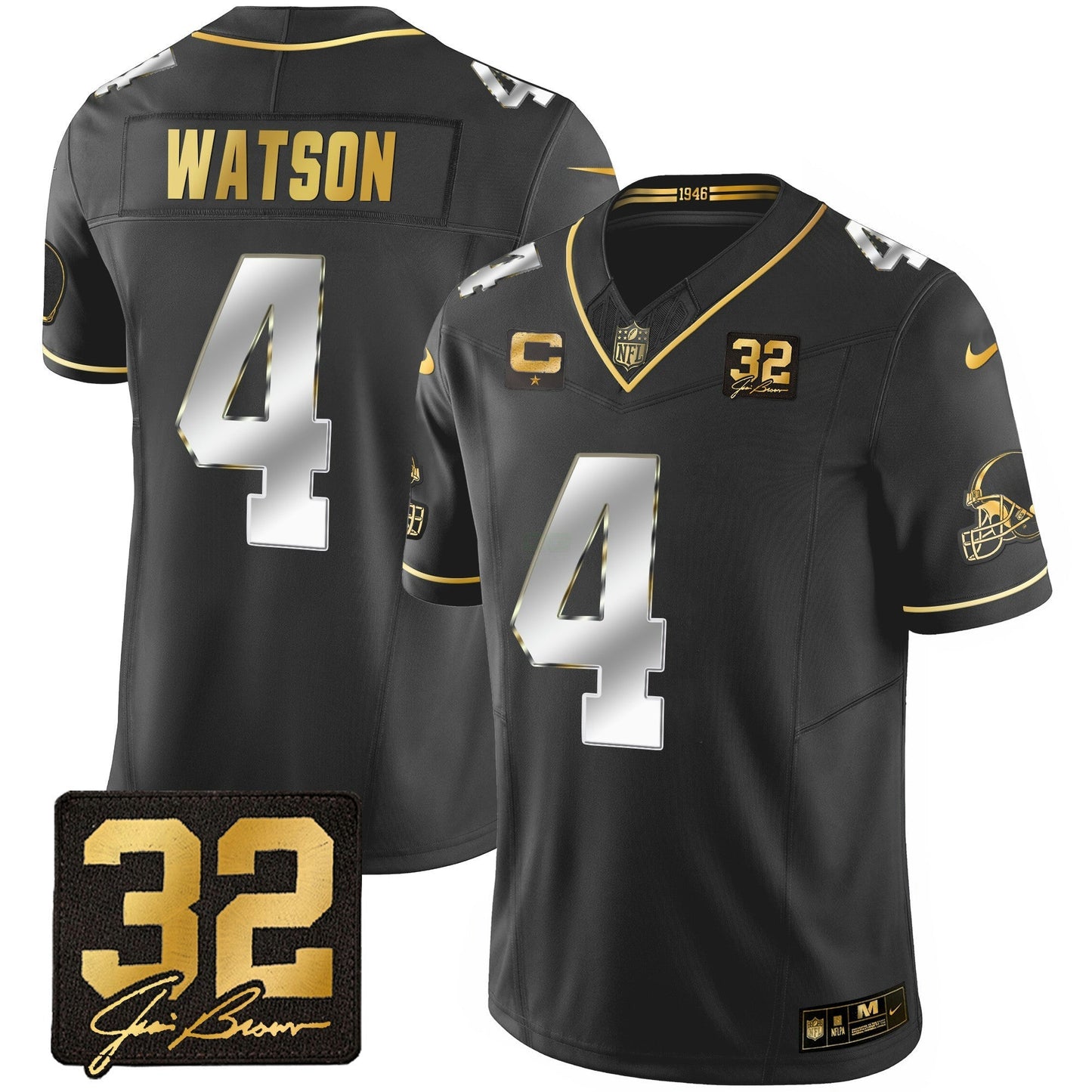 Camisa NFL Men’s #32 Jim Brown Memorial Patch Dourada Jersey