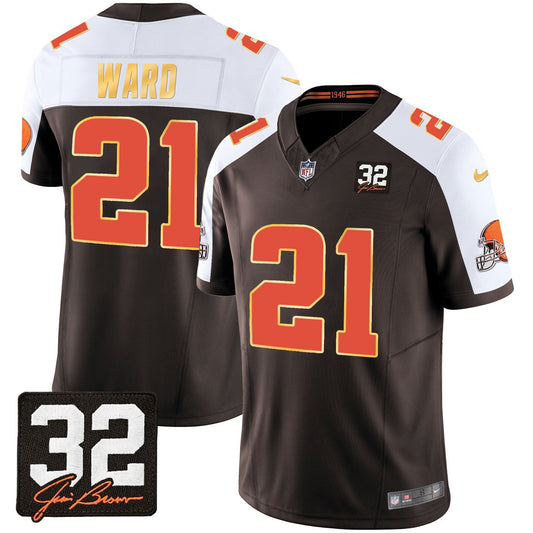 Camisa NFL Men’s #32 Jim Brown Memorial Patch Dourada Trim Jersey