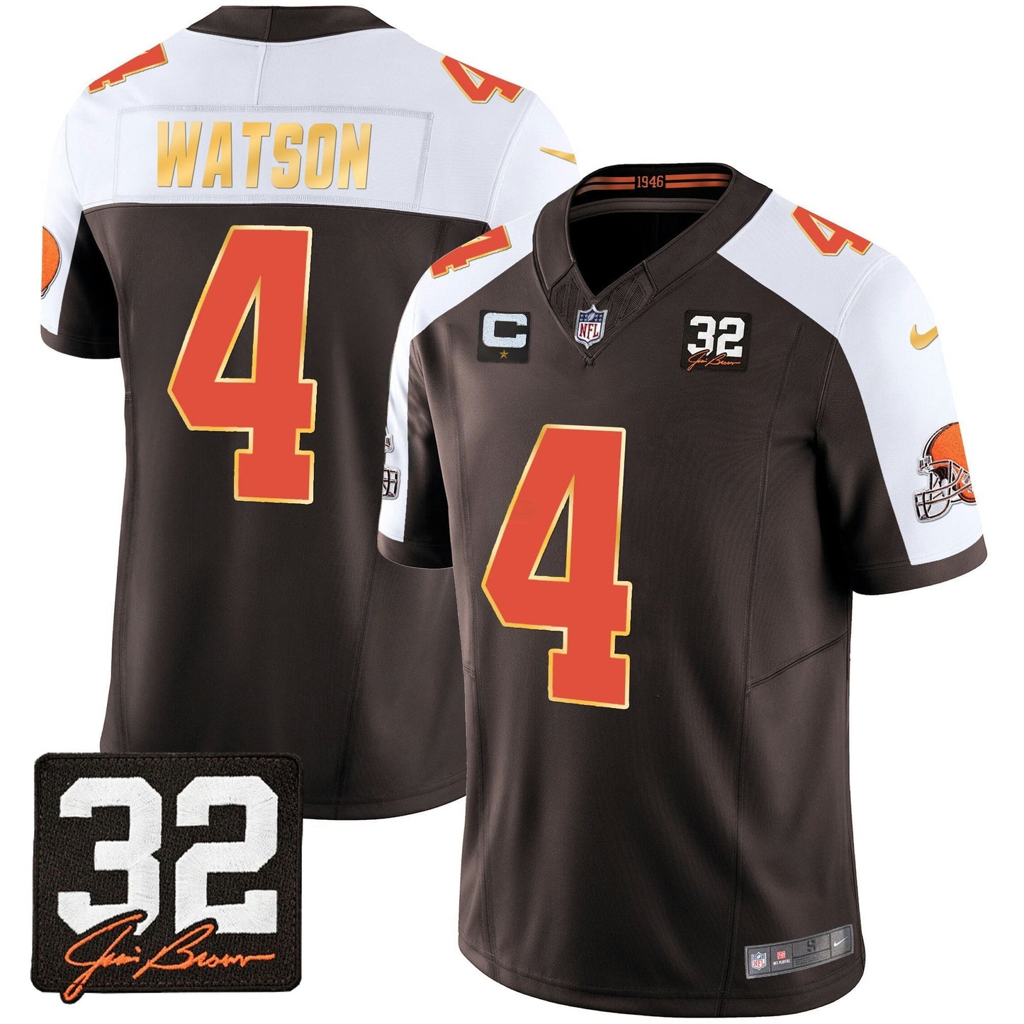 Camisa NFL Men’s #32 Jim Brown Memorial Patch Dourada Trim Jersey