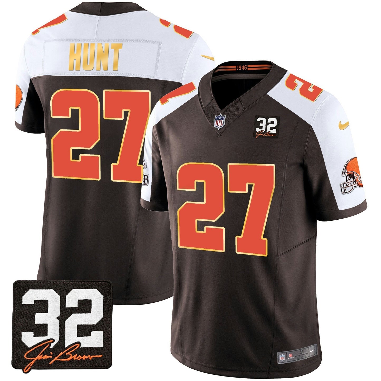 Camisa NFL Men’s #32 Jim Brown Memorial Patch Dourada Trim Jersey