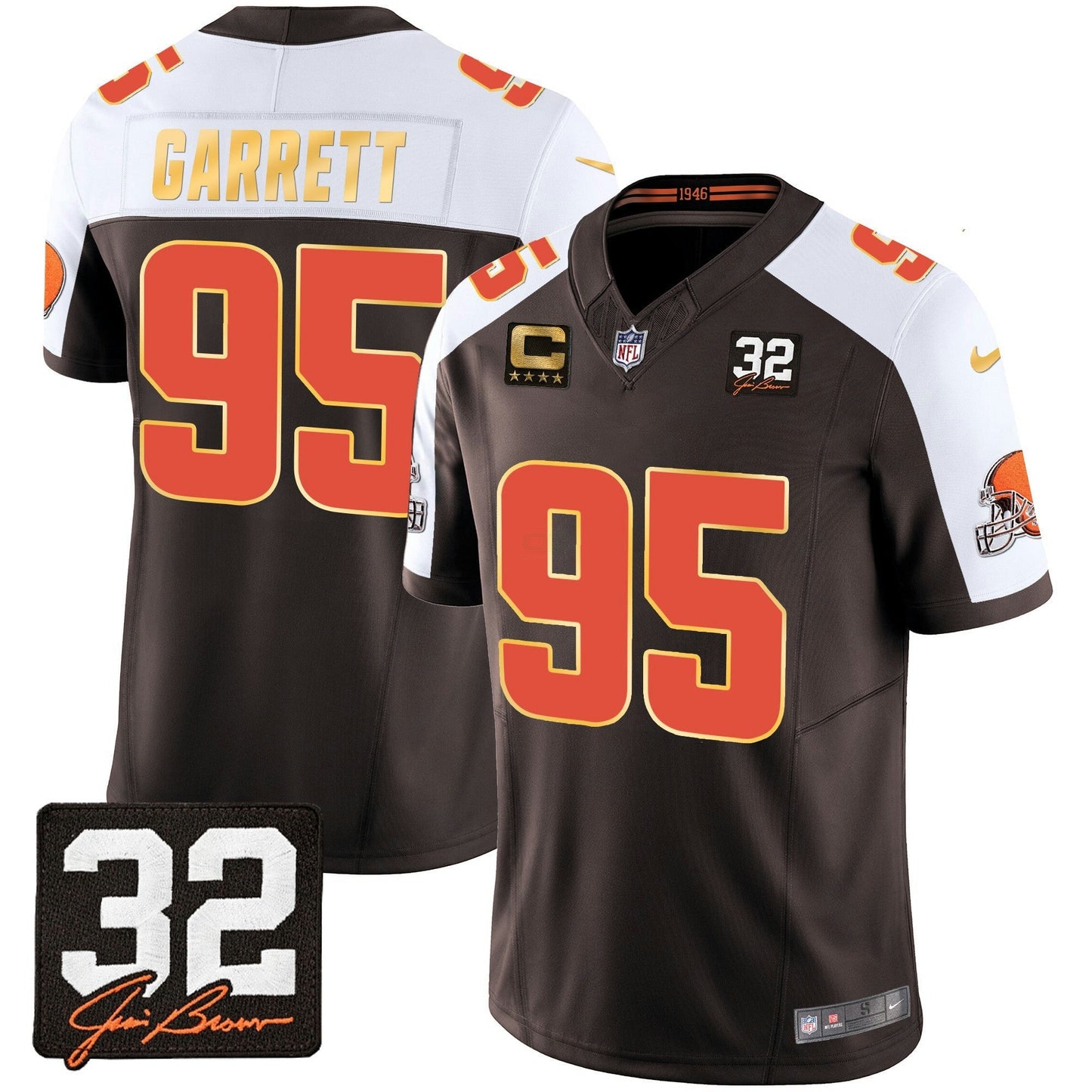 Camisa NFL Men’s #32 Jim Brown Memorial Patch Dourada Trim Jersey