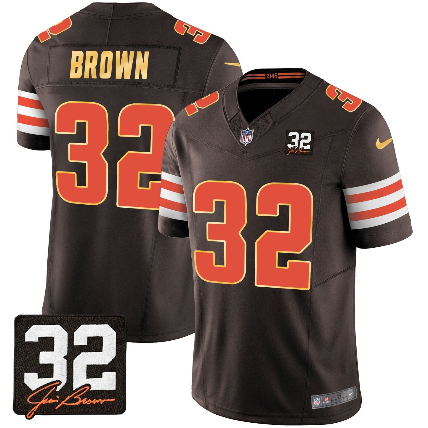 Camisa NFL Men’s #32 Jim Brown Memorial Patch Dourada Trim Jersey