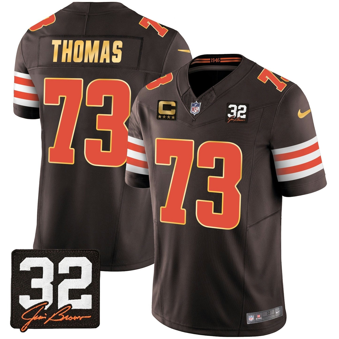 Camisa NFL Men’s #32 Jim Brown Memorial Patch Dourada Trim Jersey