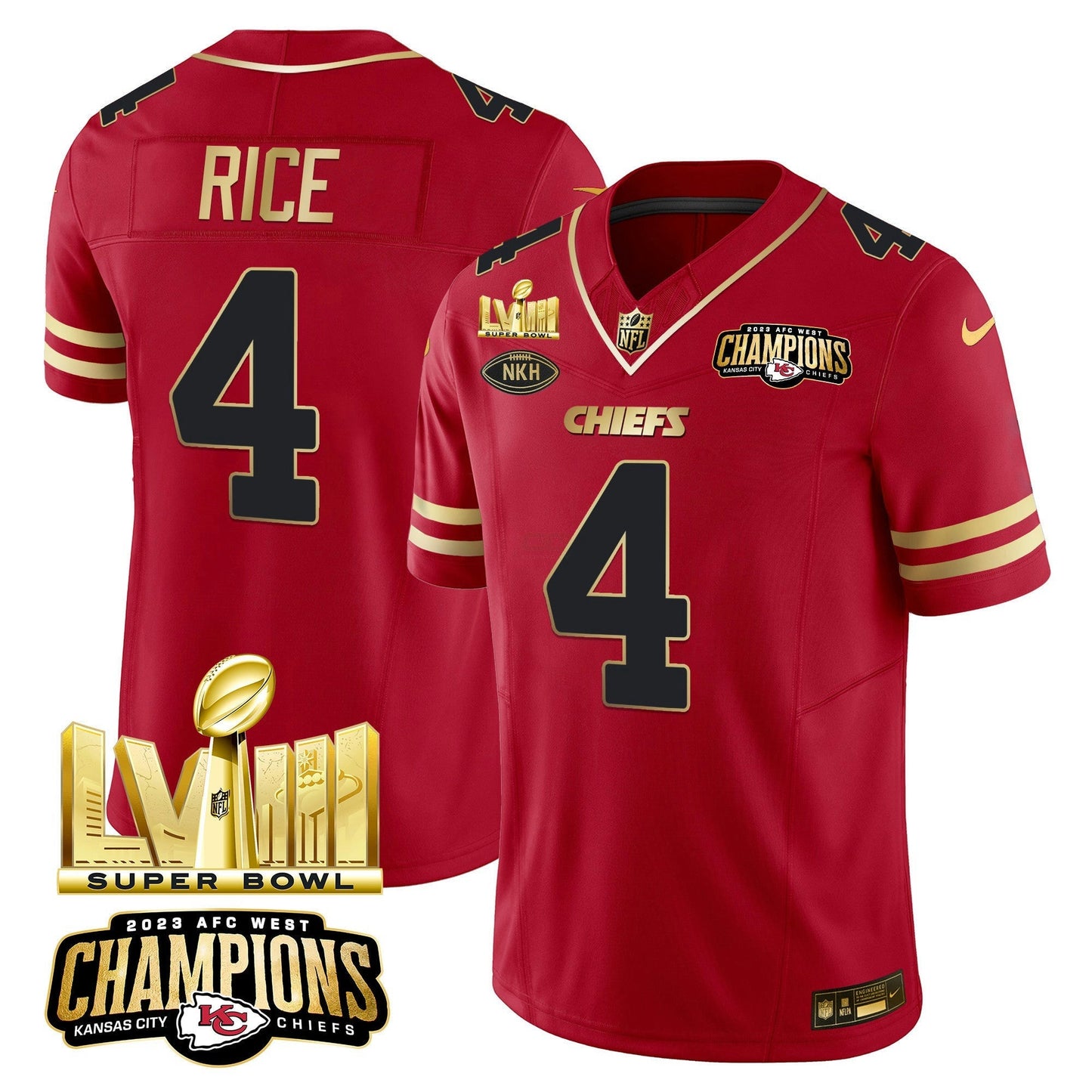 Camisa NFL Men’s AFC West Champions & Super Bowl LVIII Dourada Patch Vapor Jersey