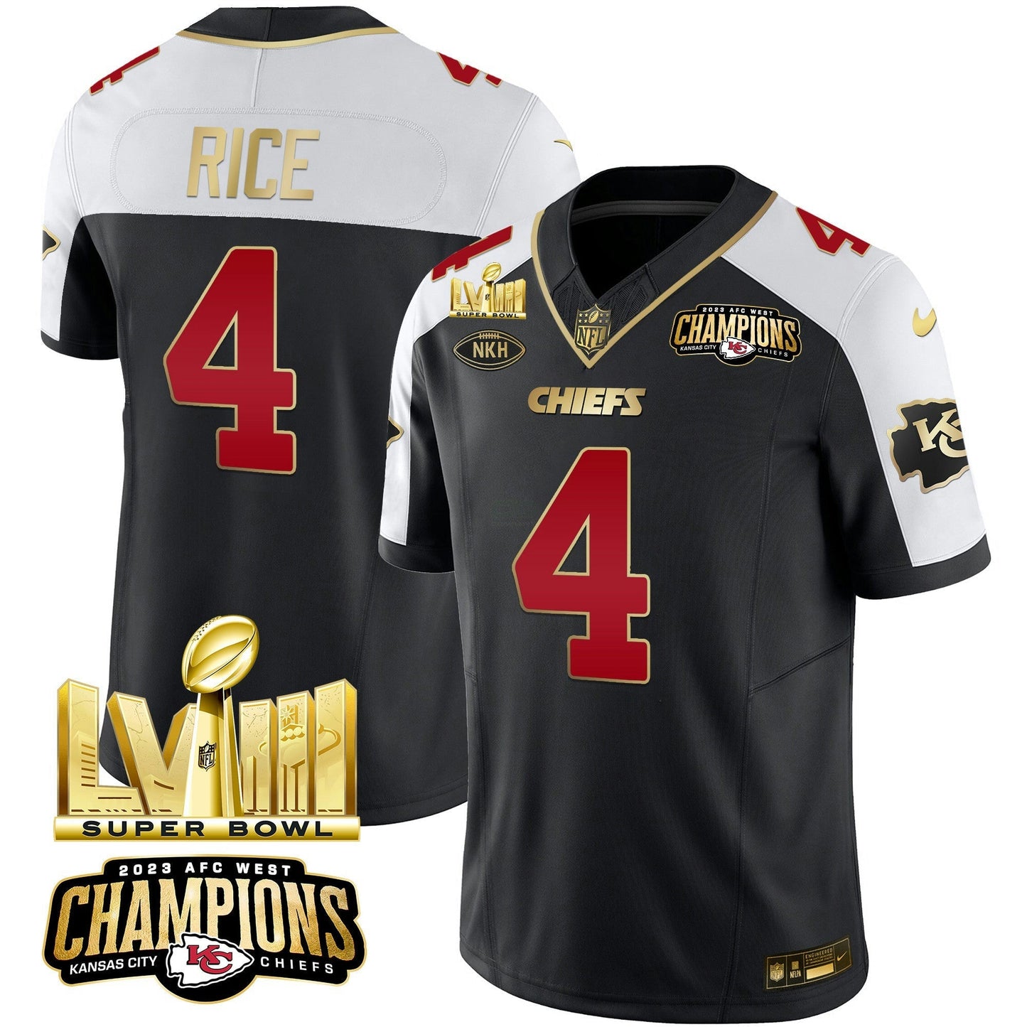 Camisa NFL Men’s AFC West Champions & Super Bowl LVIII Dourada Patch Vapor Jersey