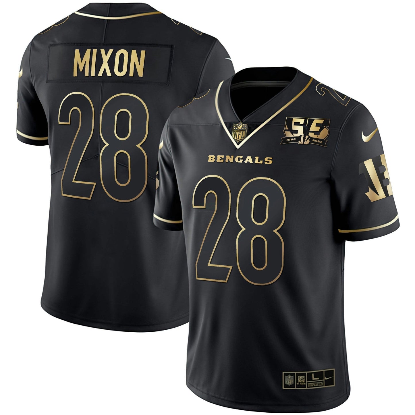Camisa NFL Men’s Cincinnati 55th 1968 – 2022 Anniversary Patch Branca Dourada & Preta Dourada Jersey