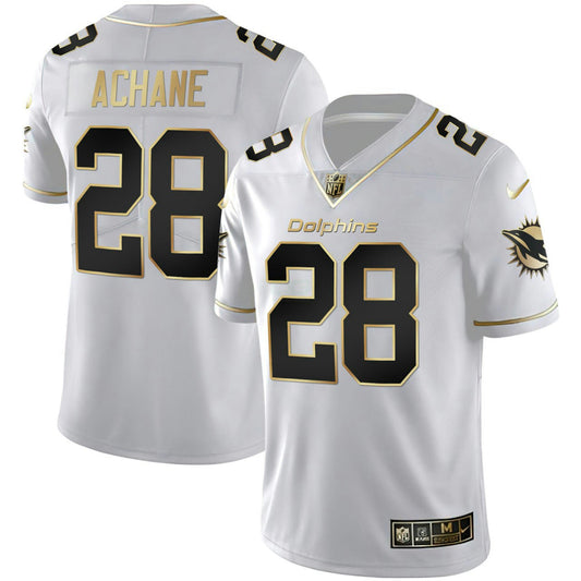 Camisa NFL Men’s De’Von Achane #28 Branca Dourada Jersey - Branca Dourada
