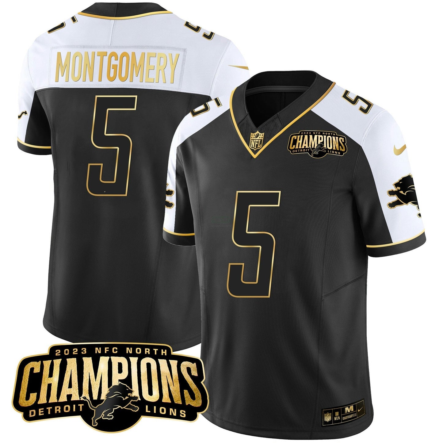 Camisa NFL Men’s Detroit 2023 NFC North Champions Patch Dourada Vapor Jersey