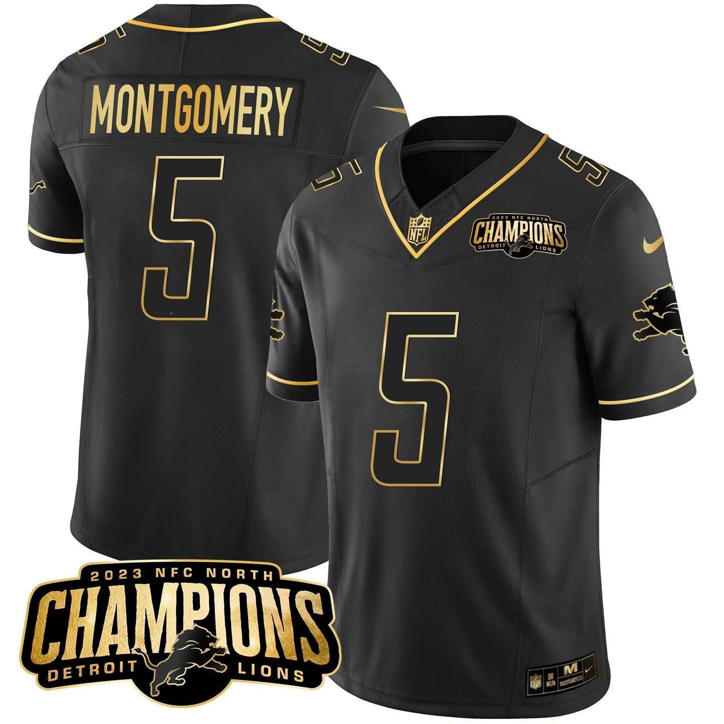 Camisa NFL Men’s Detroit 2023 NFC North Champions Patch Dourada Vapor Jersey