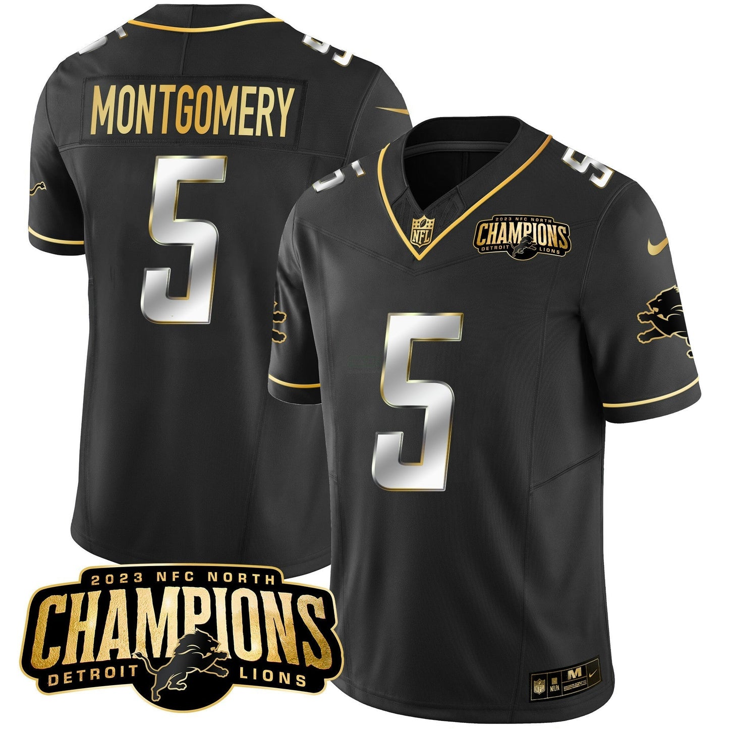 Camisa NFL Men’s Detroit 2023 NFC North Champions Patch Dourada Vapor Jersey