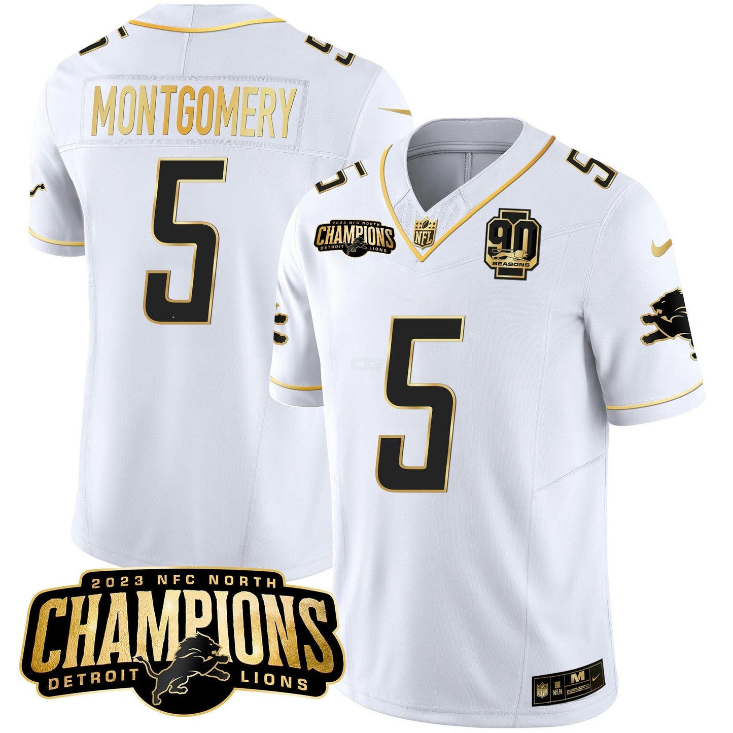 Camisa NFL Men’s Detroit 2023 NFC North Champions Patch Dourada Vapor Jersey V2