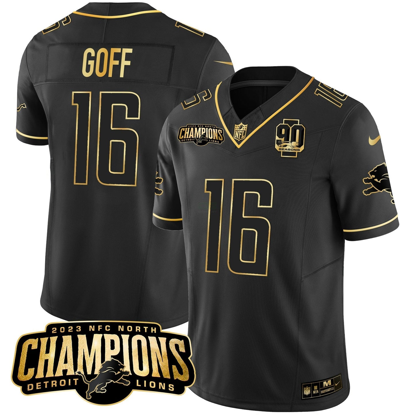 Camisa NFL Men’s Detroit 2023 NFC North Champions Patch Dourada Vapor Jersey V2