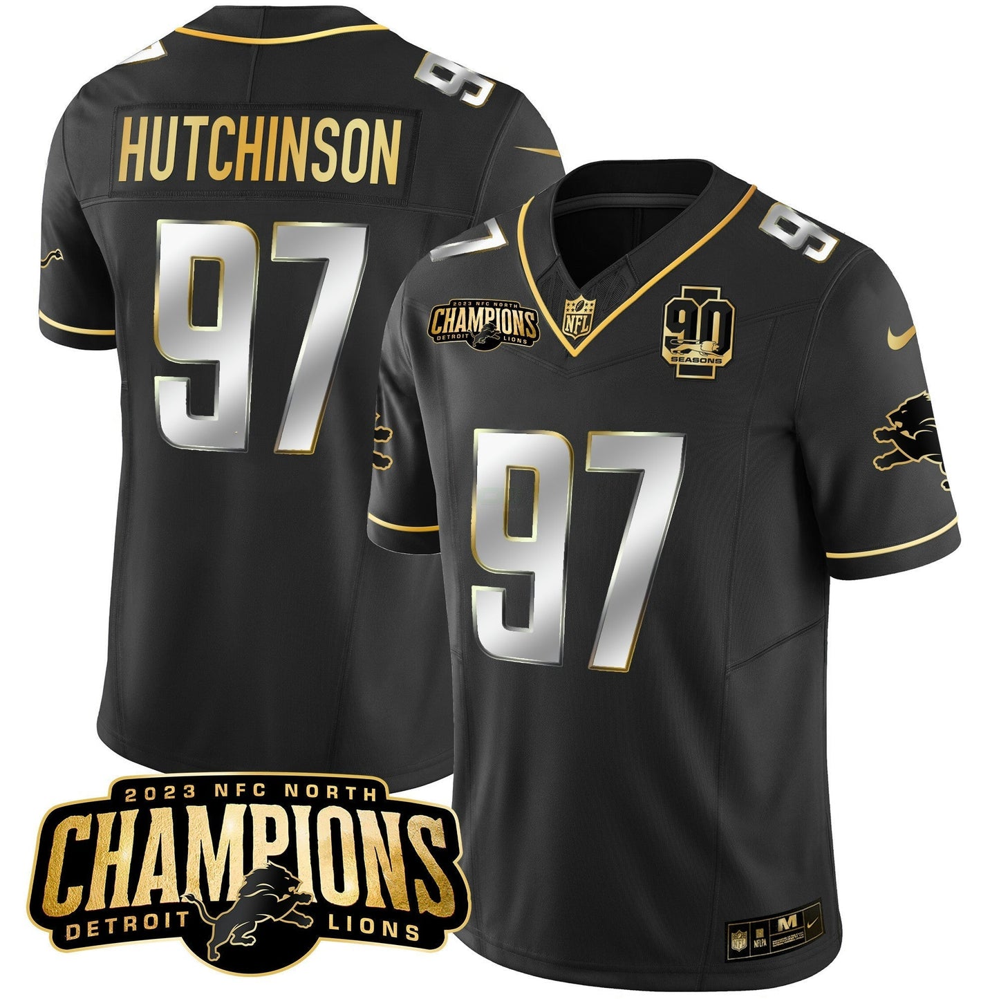 Camisa NFL Men’s Detroit 2023 NFC North Champions Patch Dourada Vapor Jersey V2