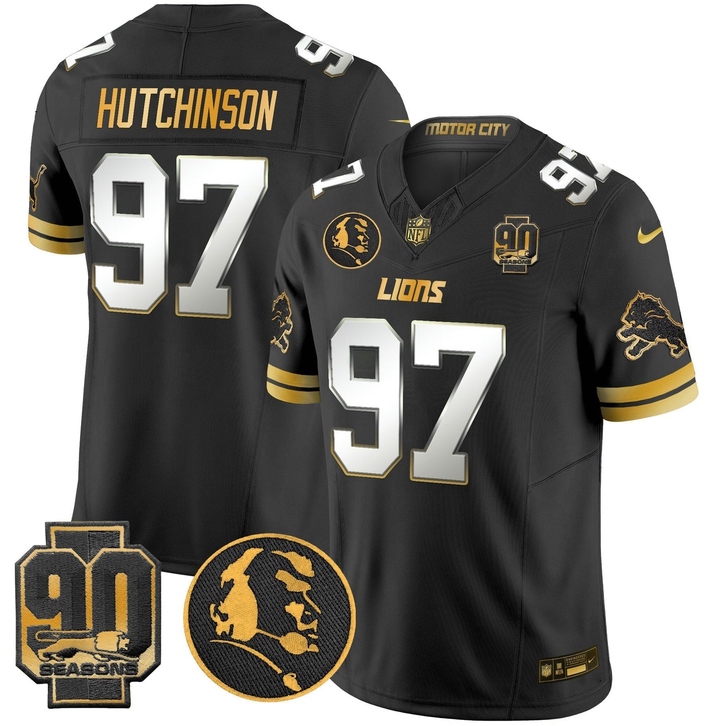 Camisa NFL Men’s Detroit 2024 90th & John Madden Patch Dourada Vapor Limited Jersey V2