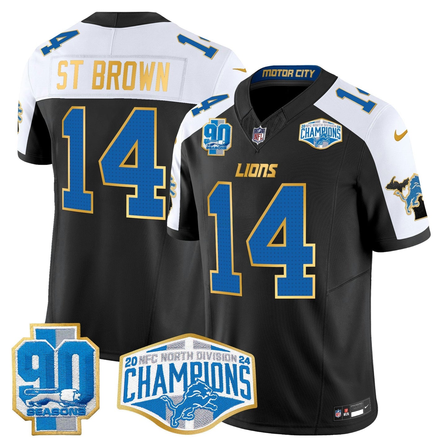 Camisa NFL Men’s Detroit 2024 NFC North Division Champions Patch Dourada Trim Vapor Limited Jersey