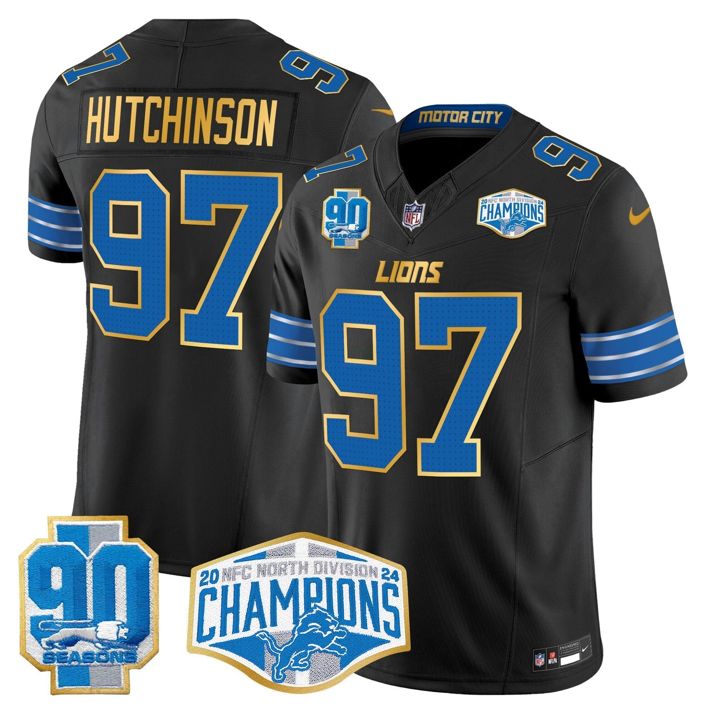 Camisa NFL Men’s Detroit 2024 NFC North Division Champions Patch Dourada Trim Vapor Limited Jersey