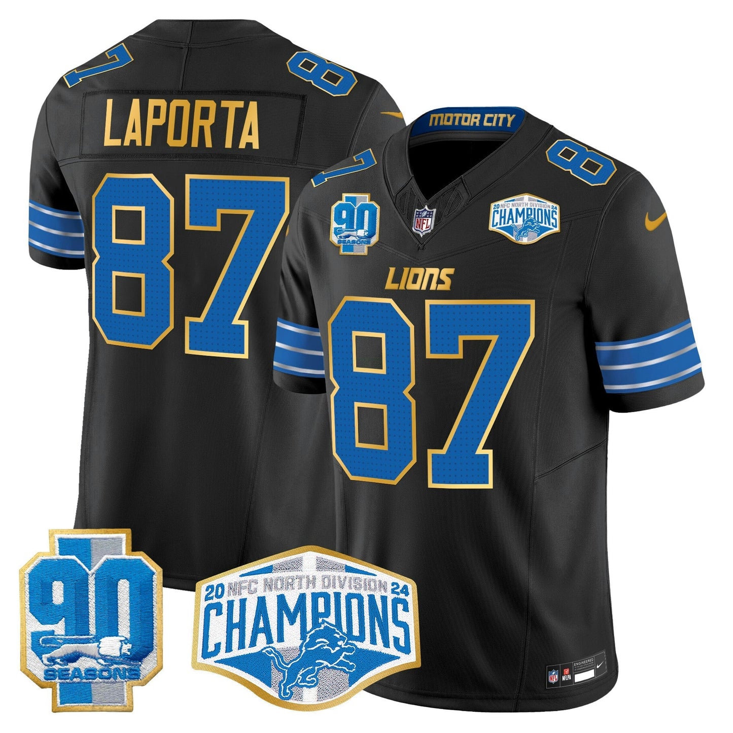 Camisa NFL Men’s Detroit 2024 NFC North Division Champions Patch Dourada Trim Vapor Limited Jersey