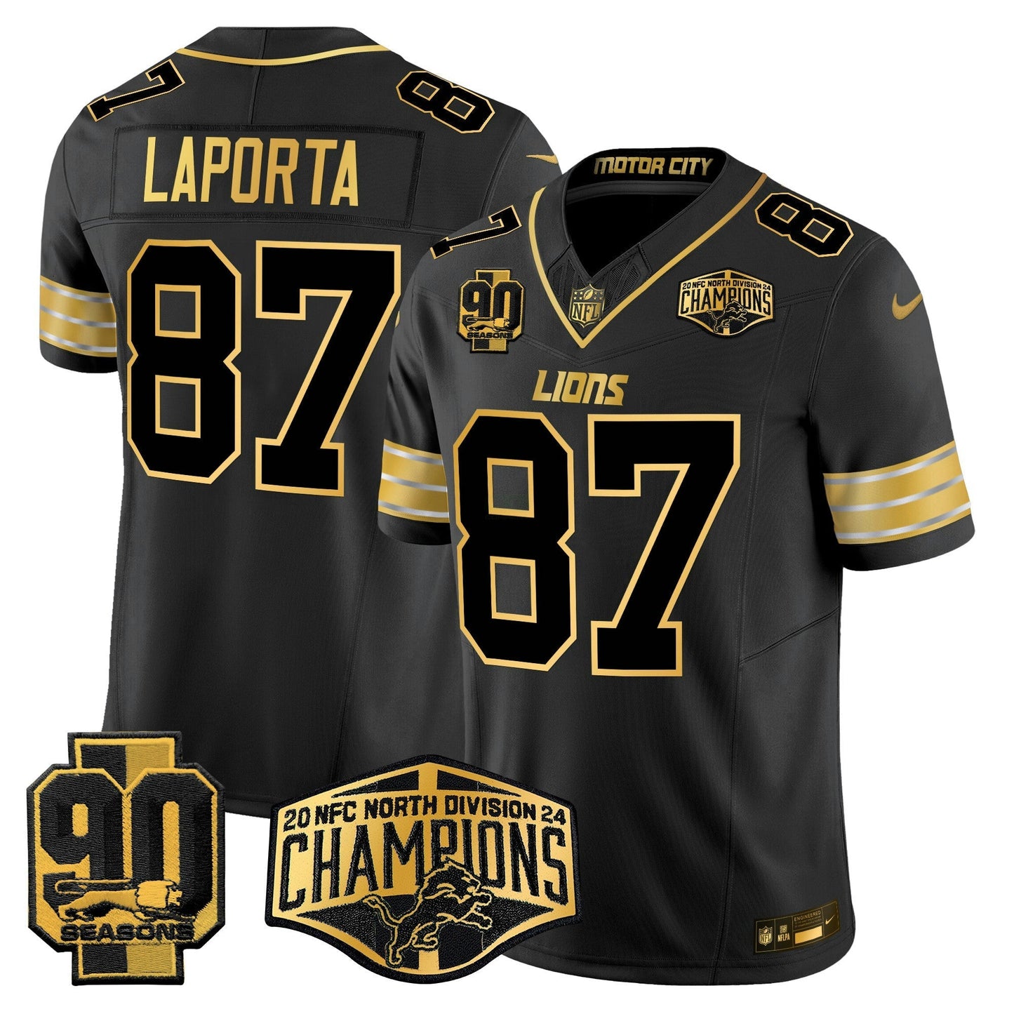 Camisa NFL Men’s Detroit 2024 NFC North Division Champions Patch Dourada Vapor Limited Jersey