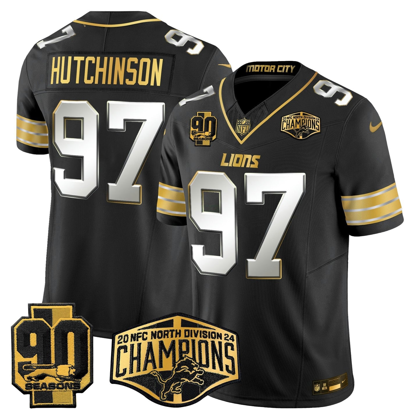 Camisa NFL Men’s Detroit 2024 NFC North Division Champions Patch Dourada Vapor Limited Jersey