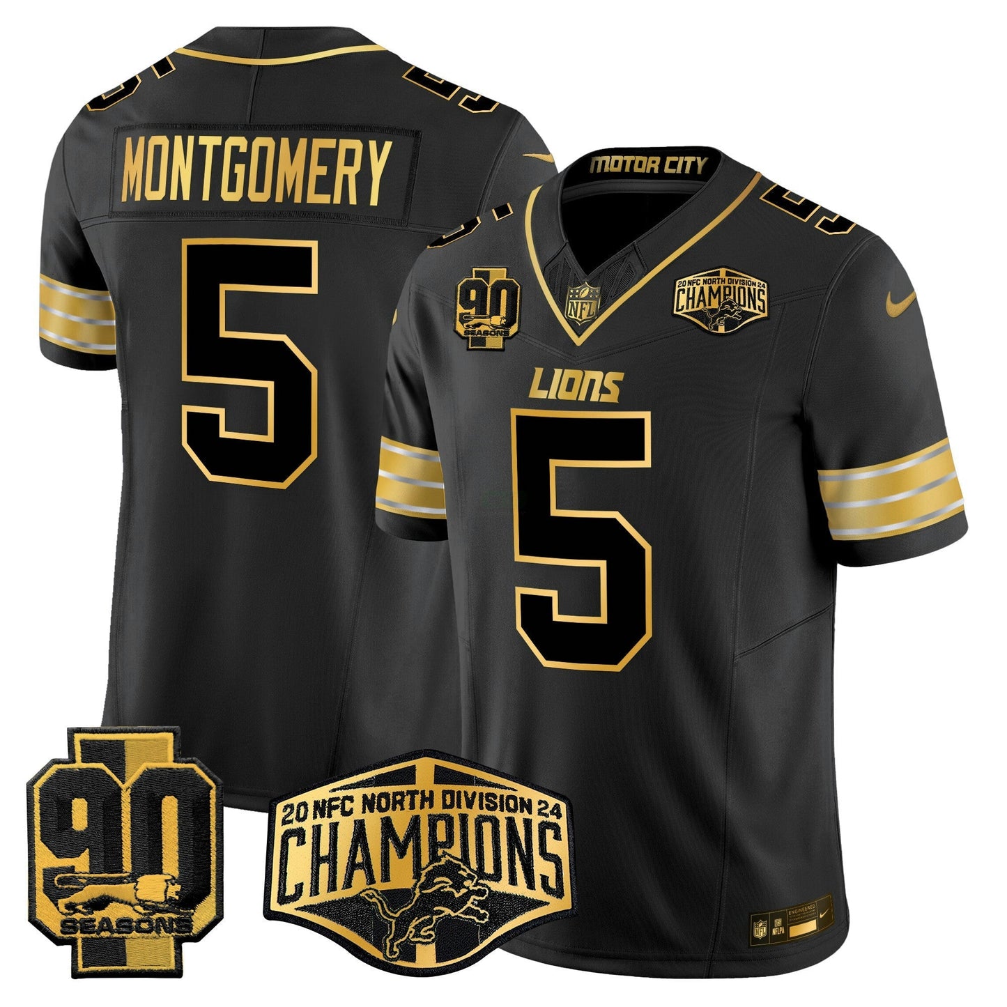 Camisa NFL Men’s Detroit 2024 NFC North Division Champions Patch Dourada Vapor Limited Jersey