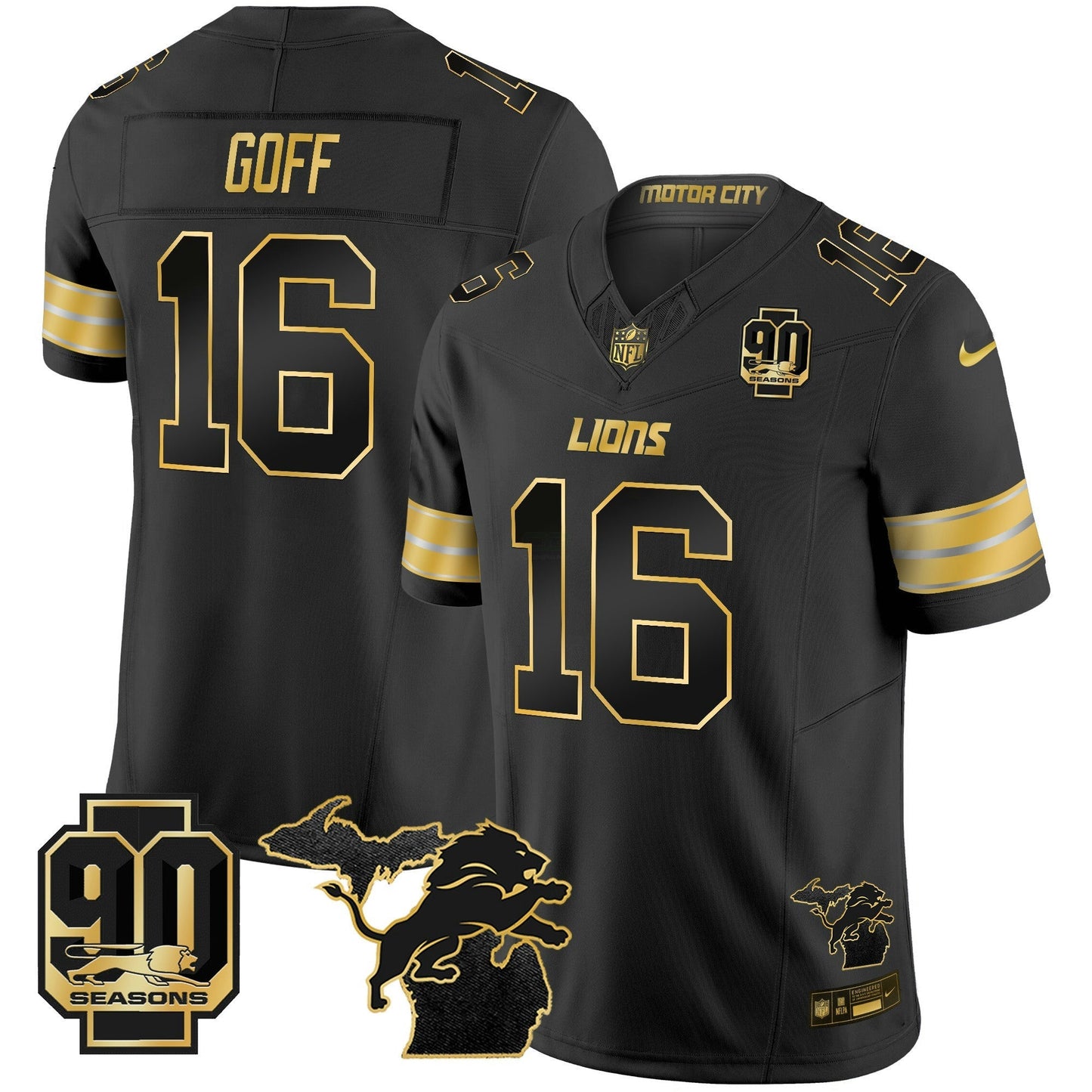 Camisa NFL Men’s Detroit 2025 Michigan & 90th Season Patch Dourada Vapor Limited Jersey