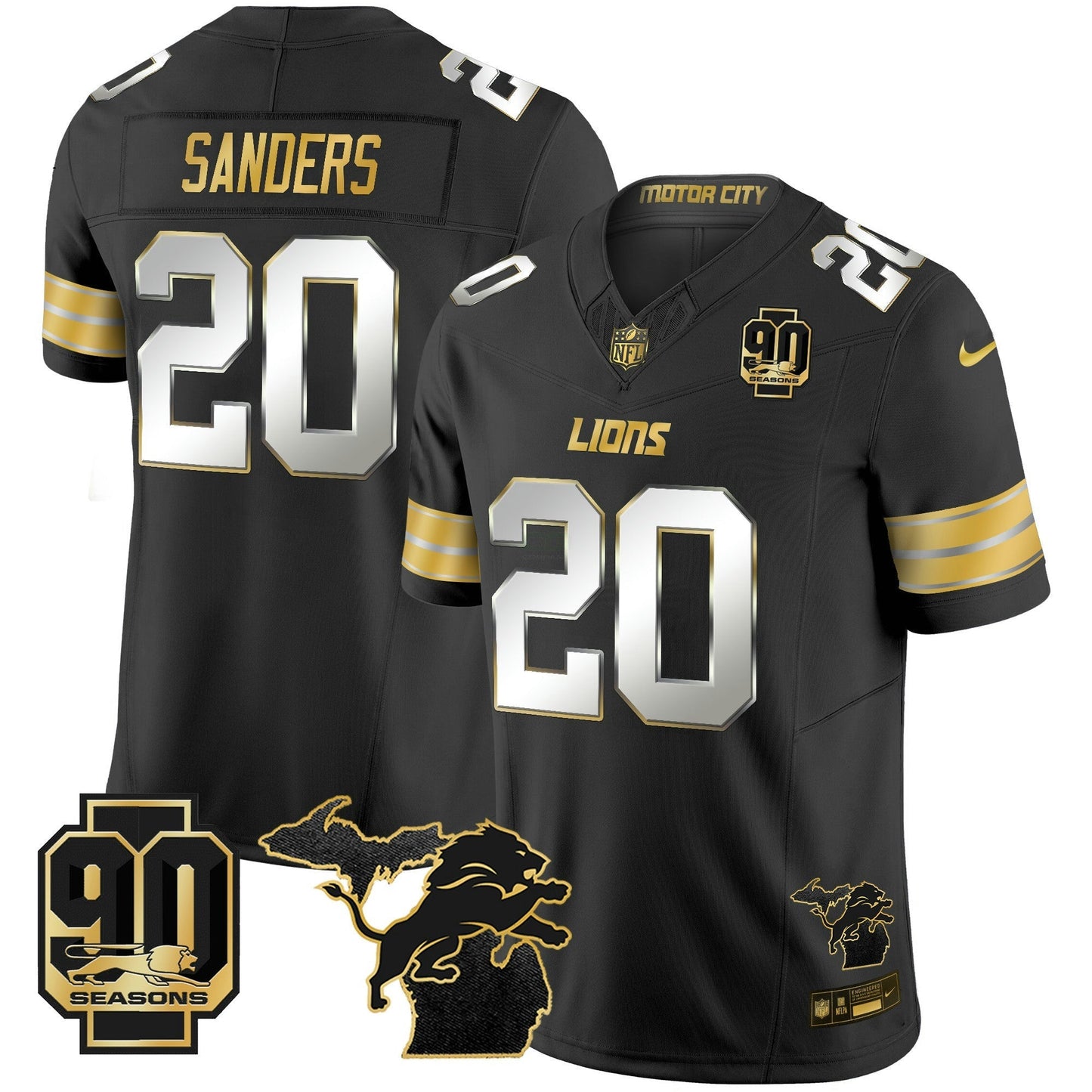 Camisa NFL Men’s Detroit 2025 Michigan & 90th Season Patch Dourada Vapor Limited Jersey
