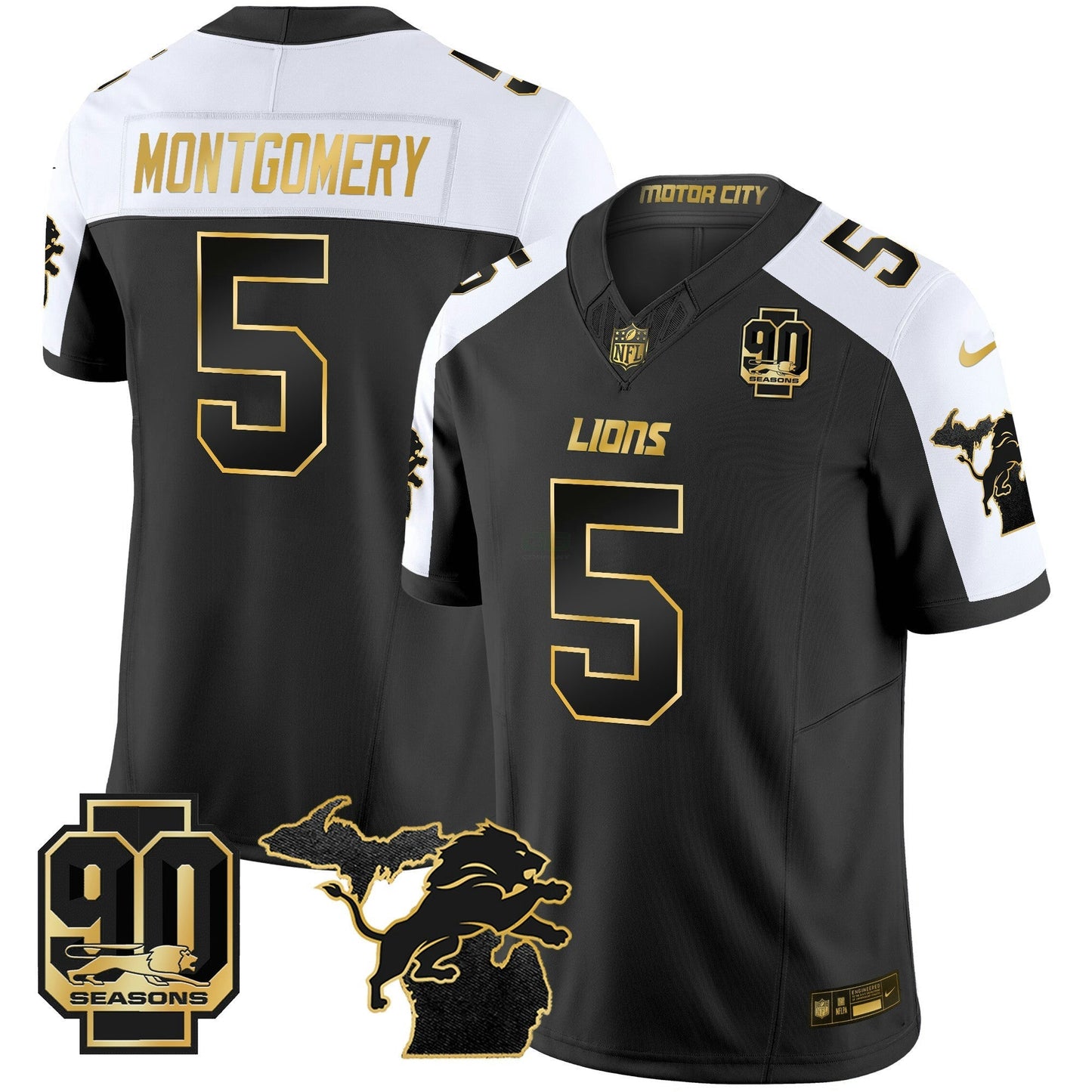 Camisa NFL Men’s Detroit 2025 Michigan & 90th Season Patch Dourada Vapor Limited Jersey