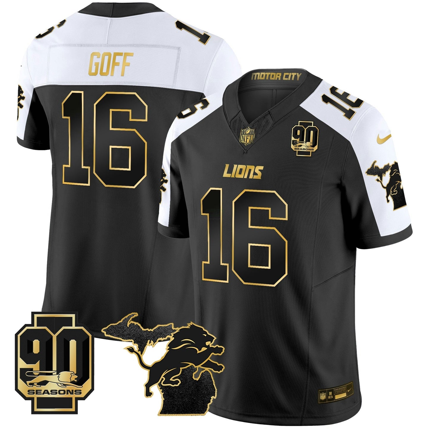 Camisa NFL Men’s Detroit 2025 Michigan & 90th Season Patch Dourada Vapor Limited Jersey