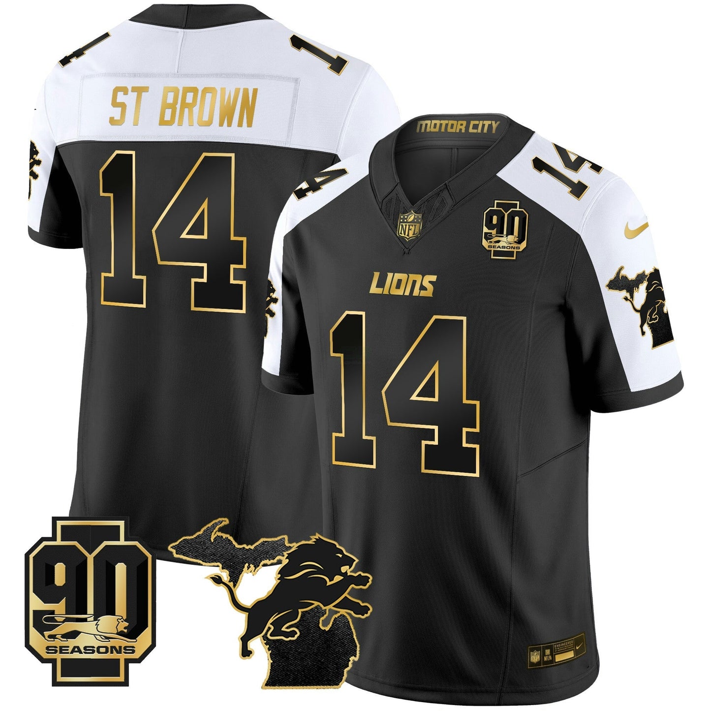 Camisa NFL Men’s Detroit 2025 Michigan & 90th Season Patch Dourada Vapor Limited Jersey