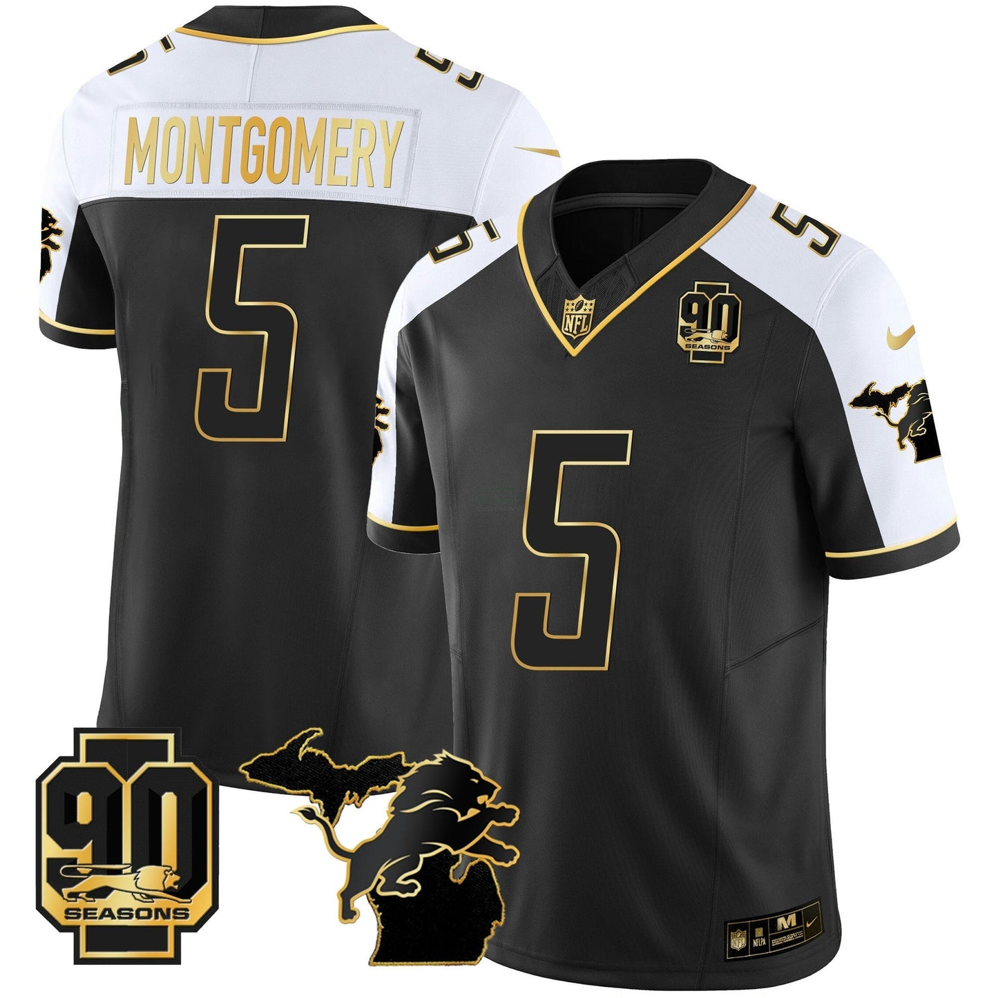 Camisa NFL Men’s Detroit 90th Year & Michigan Patch Dourada Vapor Jersey