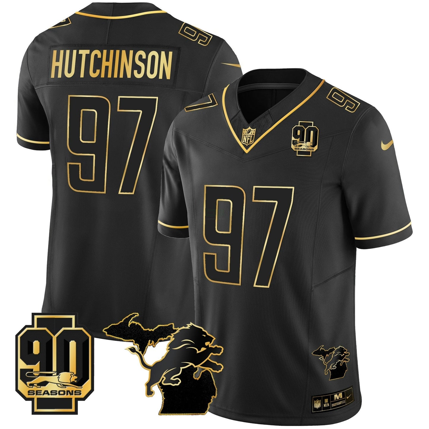 Camisa NFL Men’s Detroit 90th Year & Michigan Patch Dourada Vapor Jersey