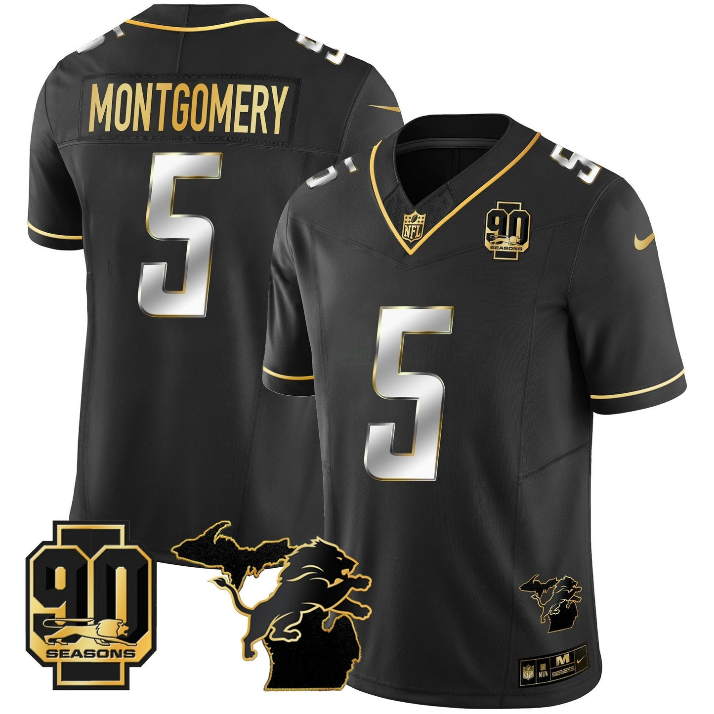 Camisa NFL Men’s Detroit 90th Year & Michigan Patch Dourada Vapor Jersey