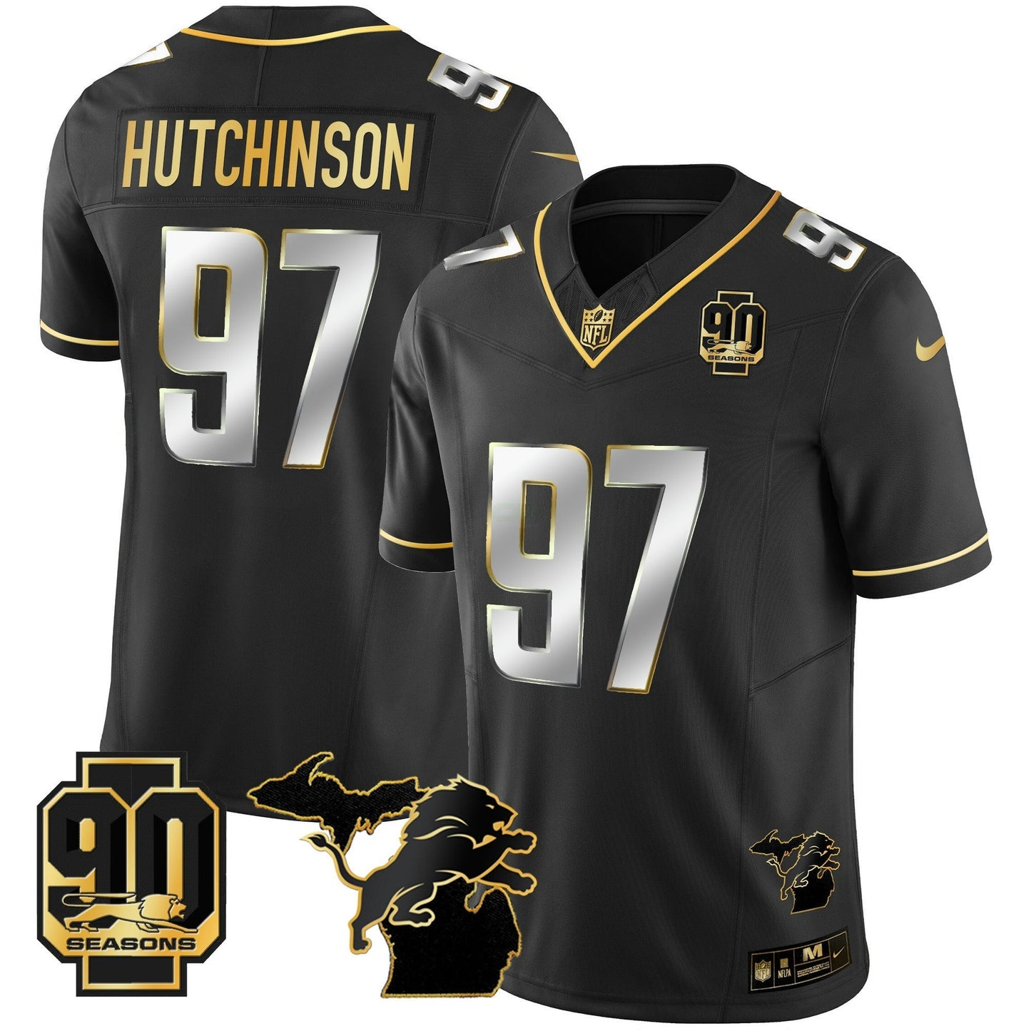 Camisa NFL Men’s Detroit 90th Year & Michigan Patch Dourada Vapor Jersey