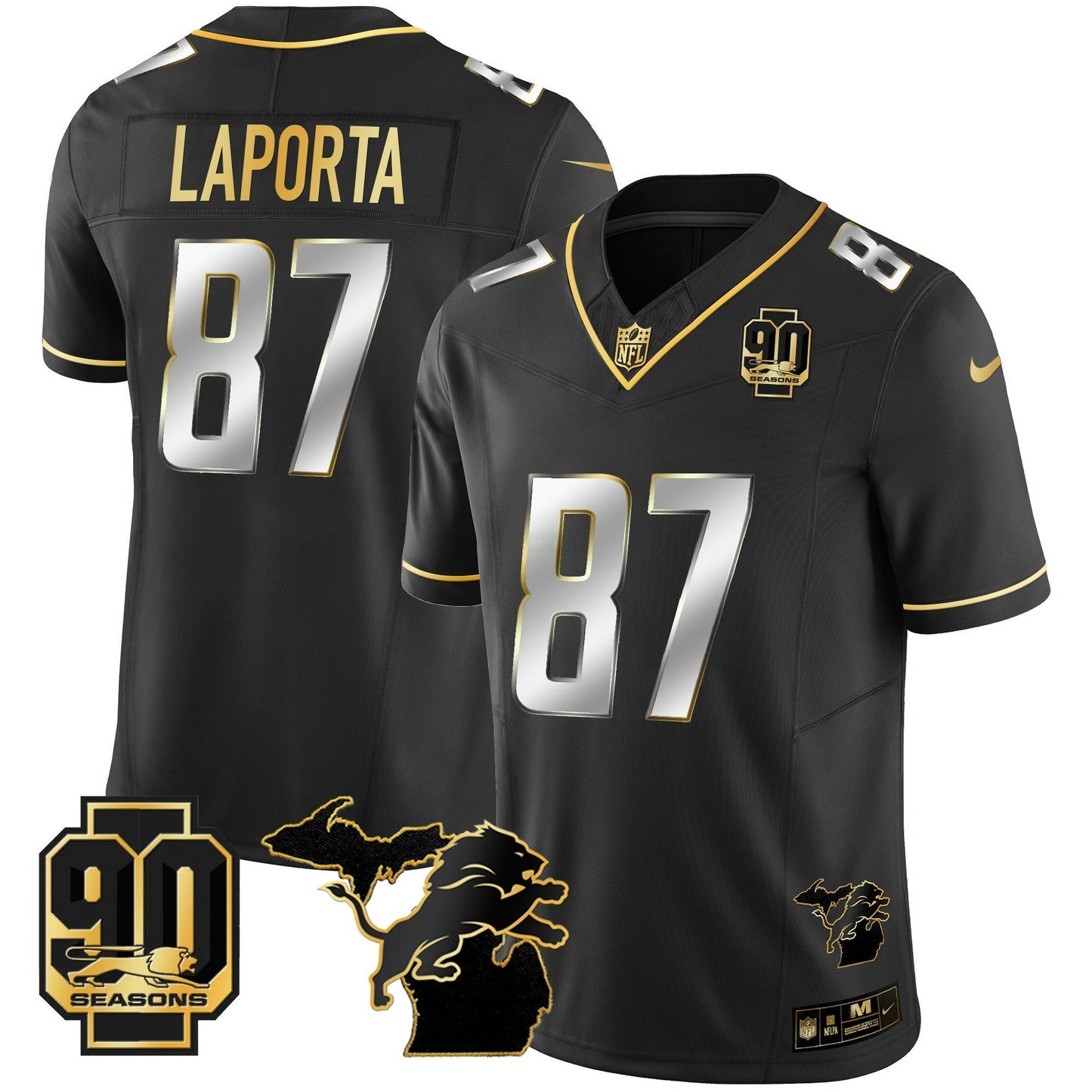 Camisa NFL Men’s Detroit 90th Year & Michigan Patch Dourada Vapor Jersey