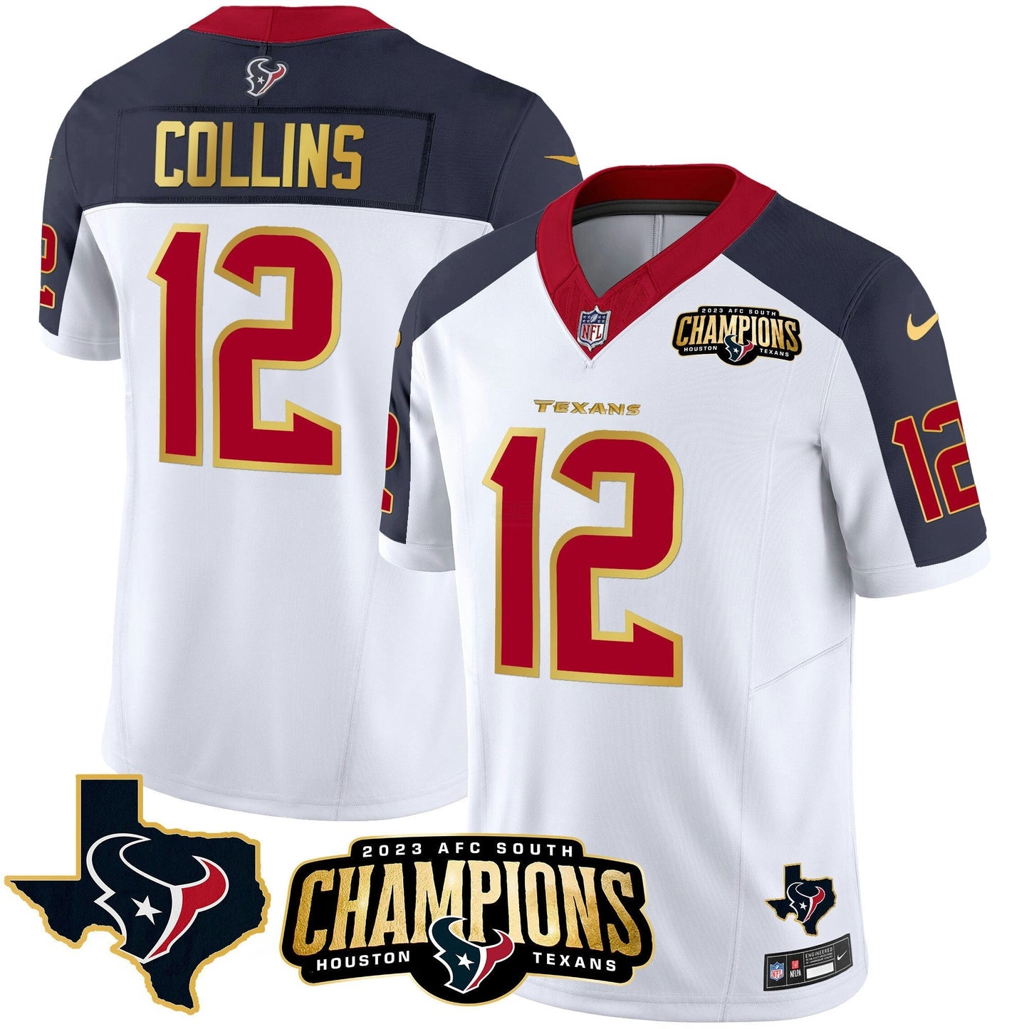 Camisa NFL Men’s Houston 2023 AFC South Champions Patch Dourada Trim Vapor Jersey