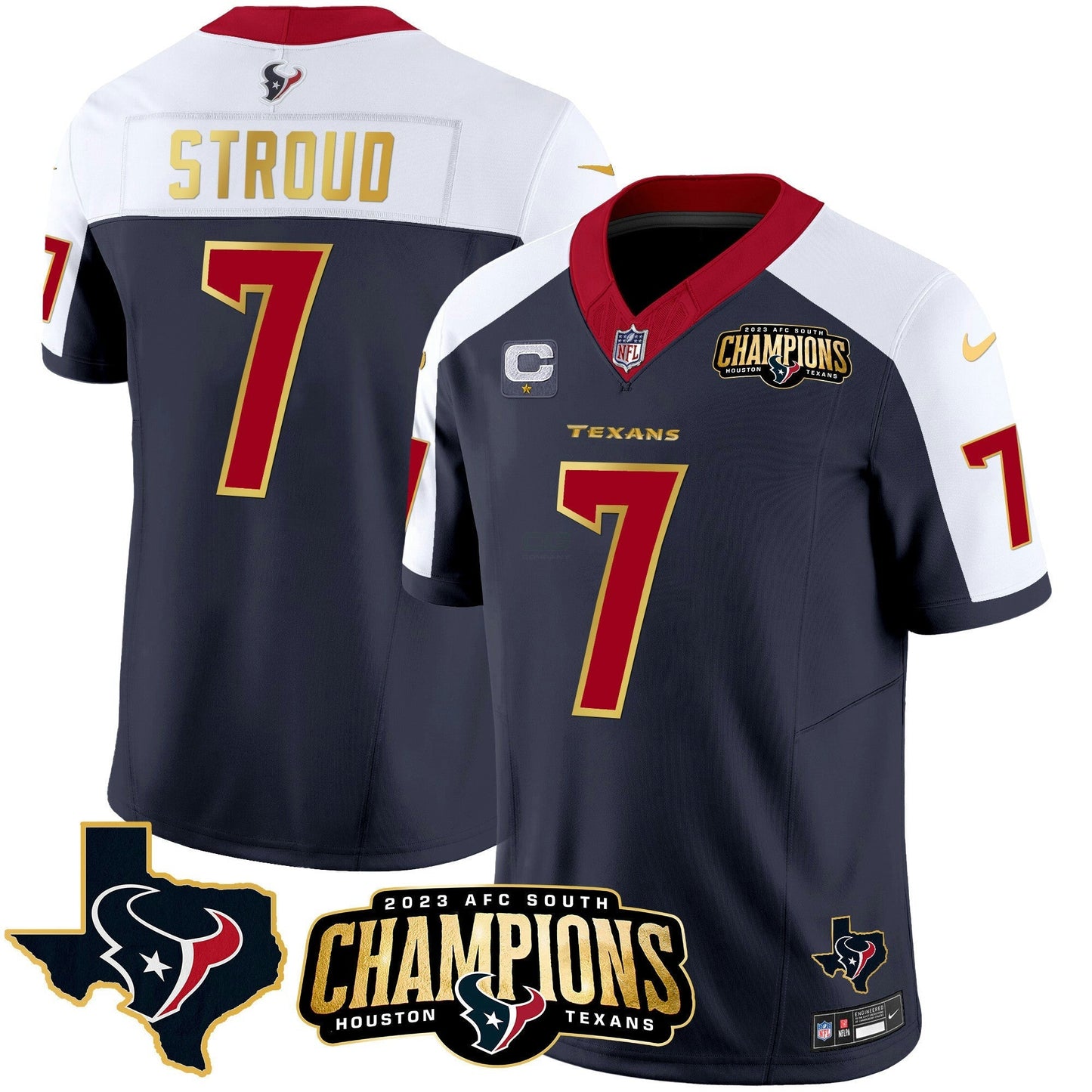 Camisa NFL Men’s Houston 2023 AFC South Champions Patch Dourada Trim Vapor Jersey