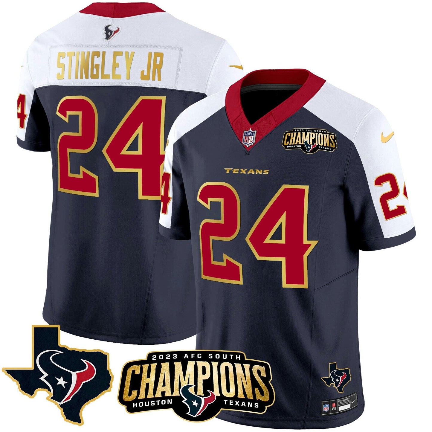 Camisa NFL Men’s Houston 2023 AFC South Champions Patch Dourada Trim Vapor Jersey