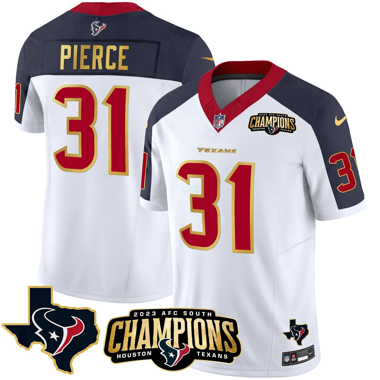 Camisa NFL Men’s Houston 2023 AFC South Champions Patch Dourada Trim Vapor Jersey
