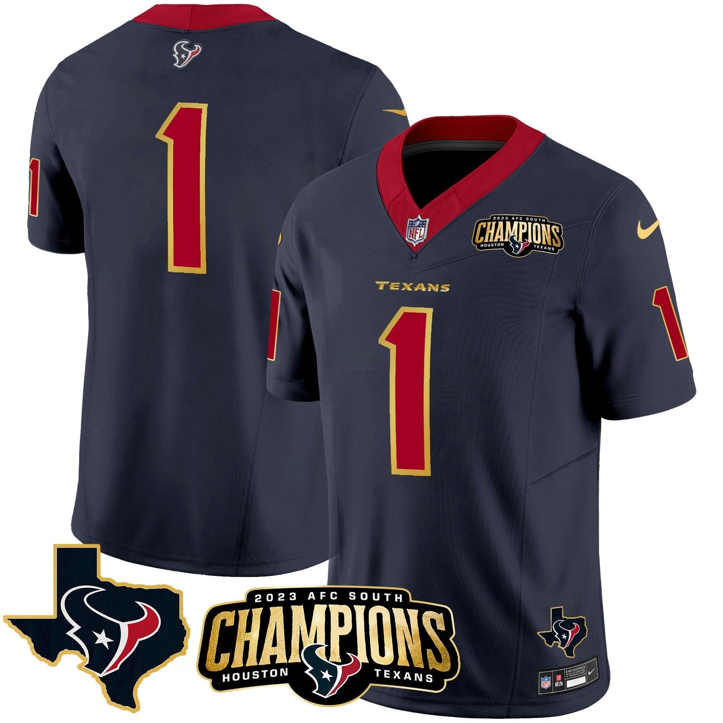 Camisa NFL Men’s Houston 2023 AFC South Champions Patch Dourada Trim Vapor Jersey