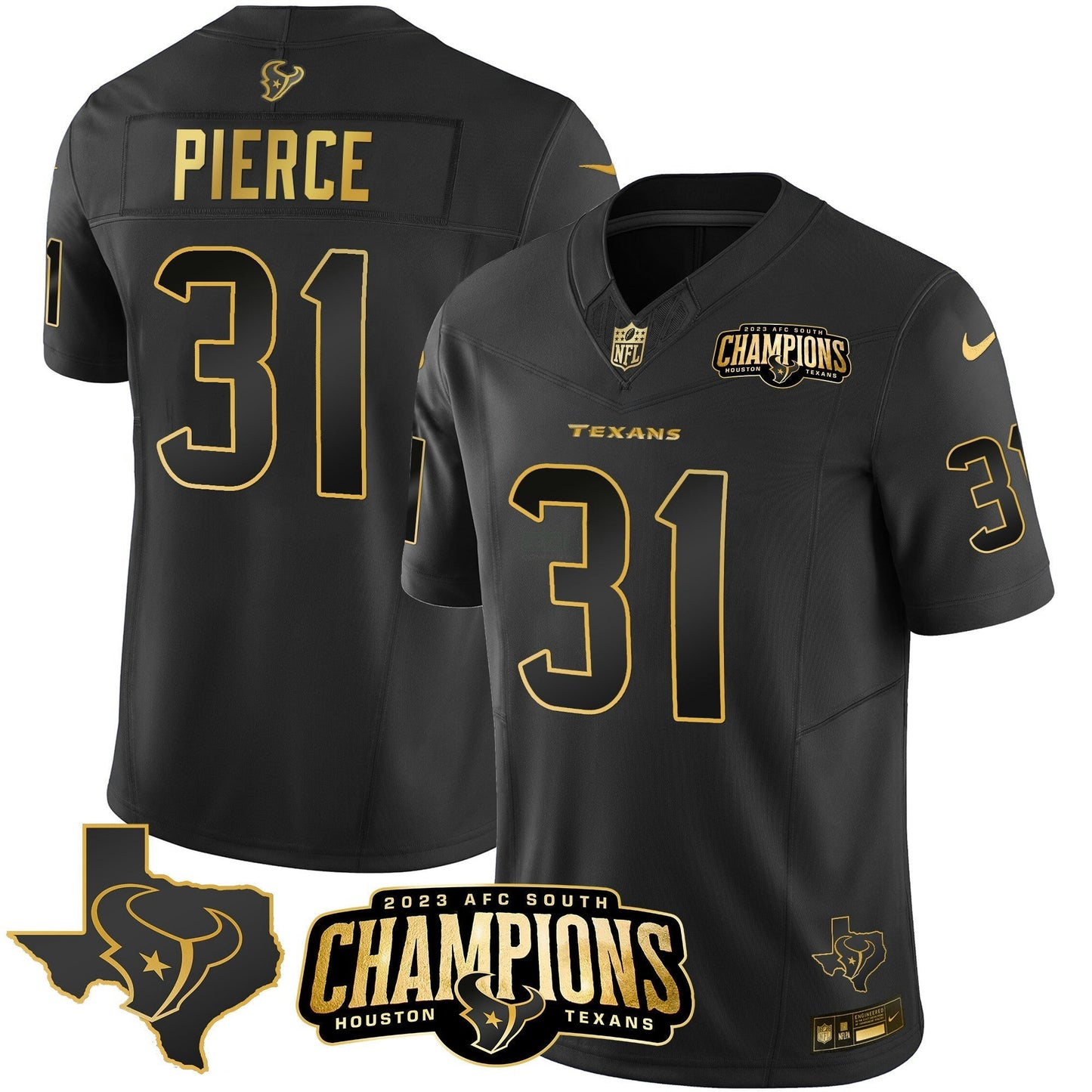 Camisa NFL Men’s Houston 2023 AFC South Champions Patch Dourada Vapor Jersey