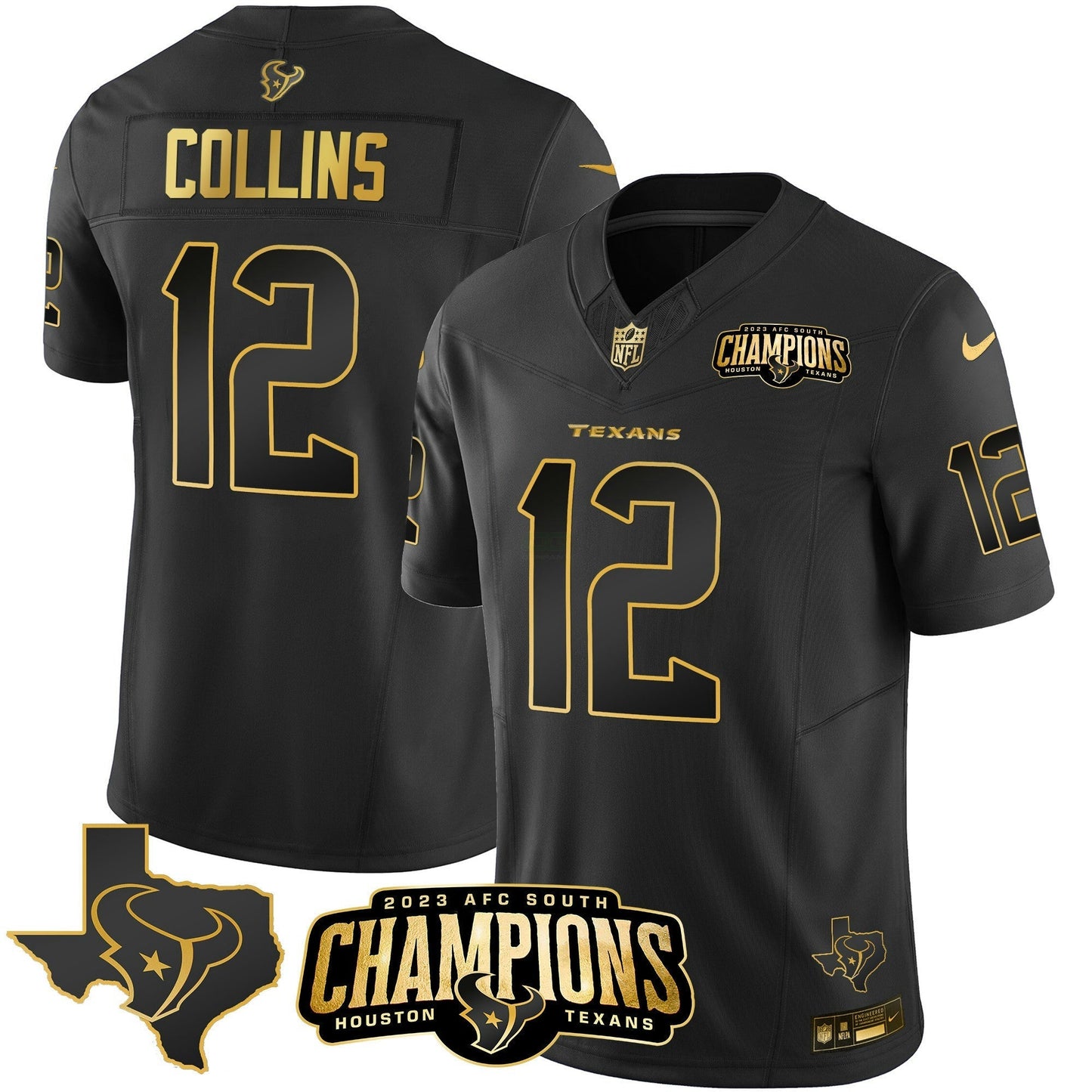 Camisa NFL Men’s Houston 2023 AFC South Champions Patch Dourada Vapor Jersey