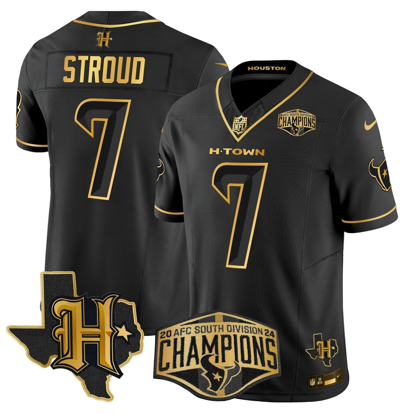 Camisa NFL Men’s Houston 2024 AFC South Division Champions Patch Dourada Vapor Limited Jersey