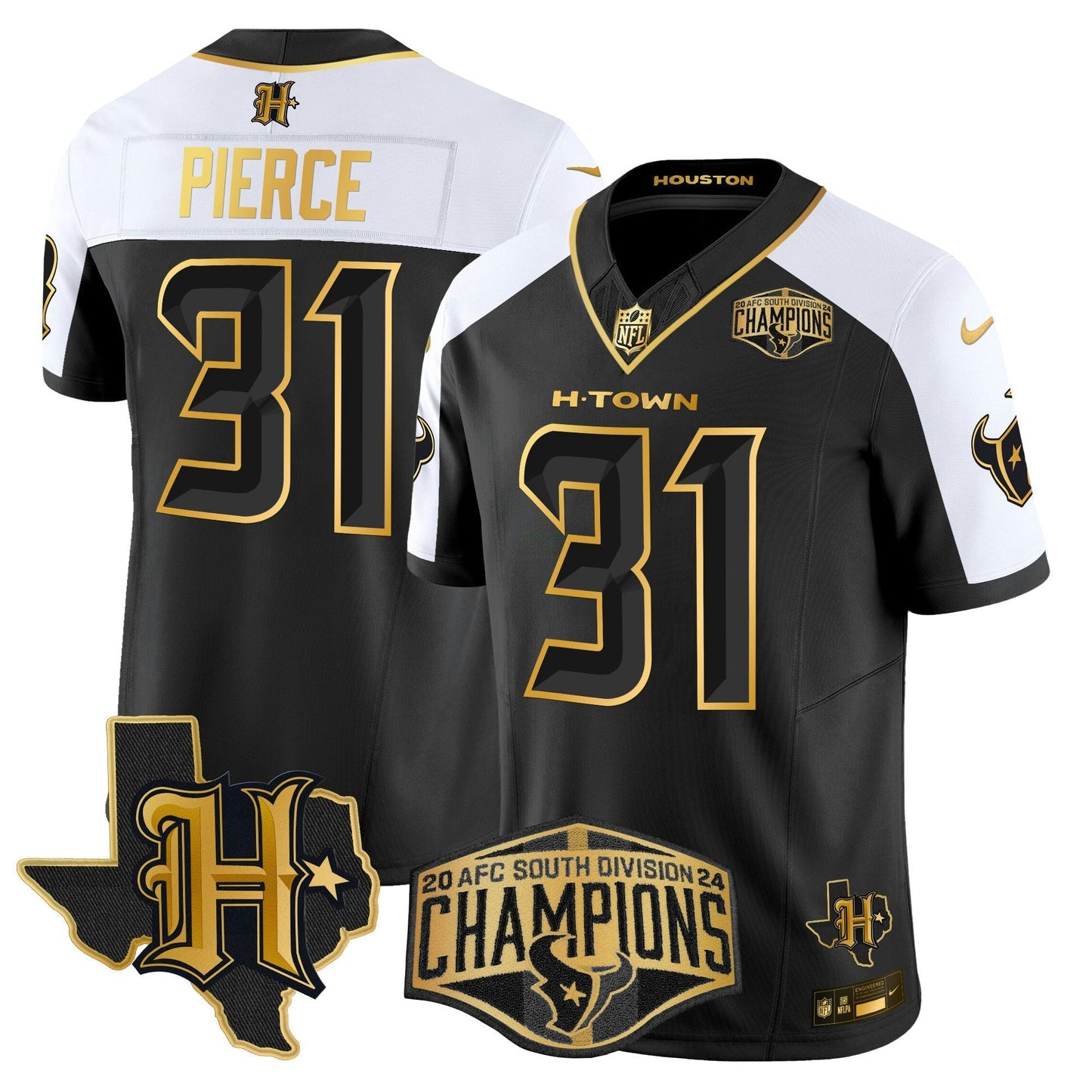 Camisa NFL Men’s Houston 2024 AFC South Division Champions Patch Dourada Vapor Limited Jersey
