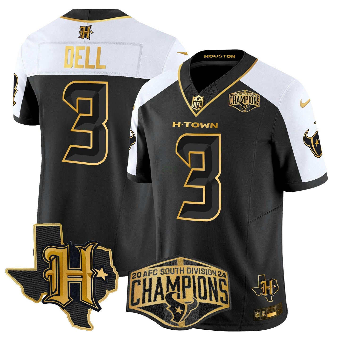 Camisa NFL Men’s Houston 2024 AFC South Division Champions Patch Dourada Vapor Limited Jersey