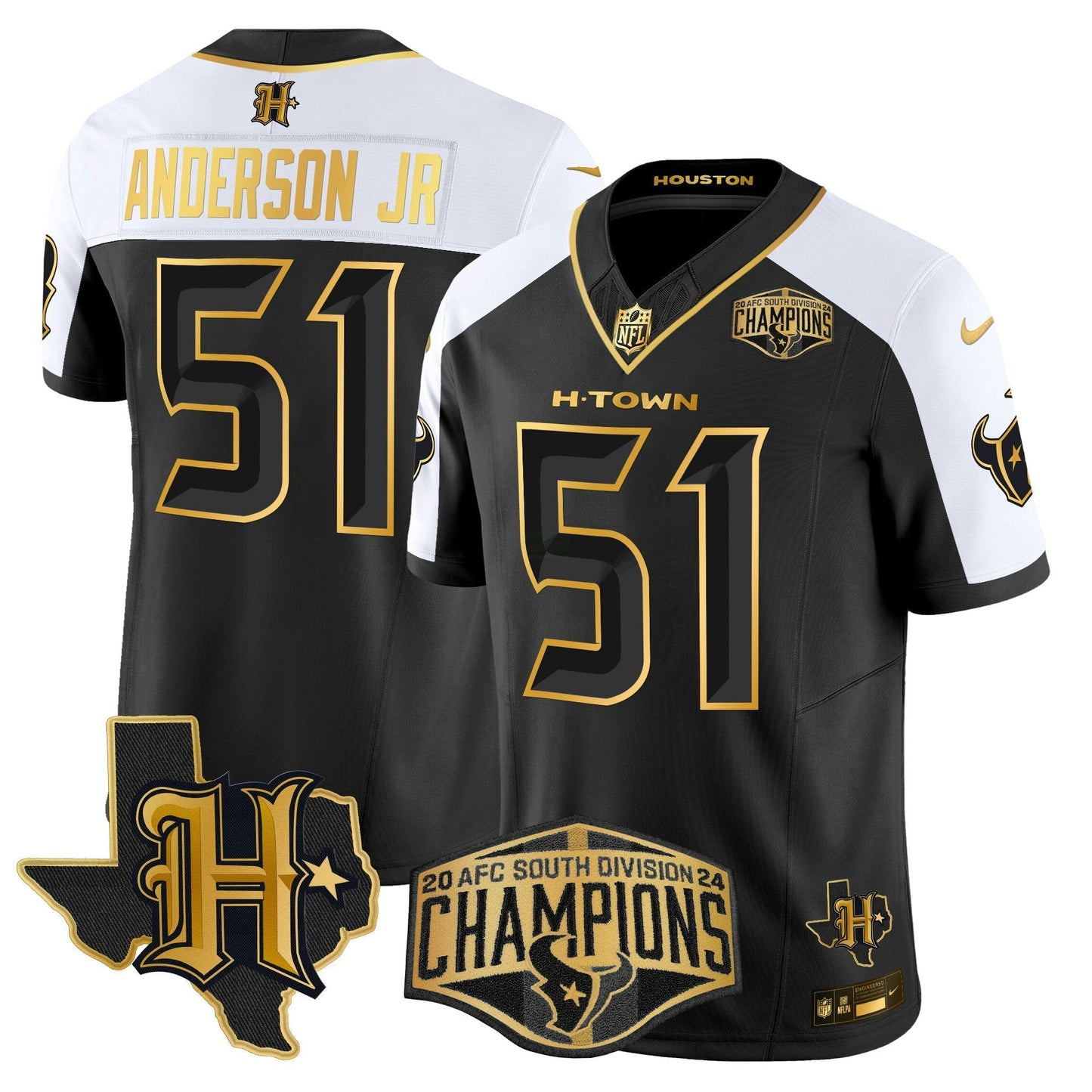 Camisa NFL Men’s Houston 2024 AFC South Division Champions Patch Dourada Vapor Limited Jersey