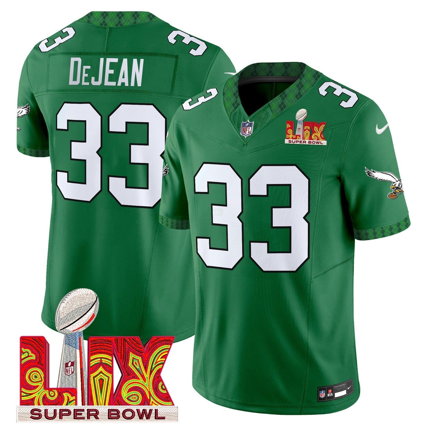 Camisa NFL Men’s Kelly Green St. Patrick’s Day Super Bowl LIX Patch Vapor Limited Jersey