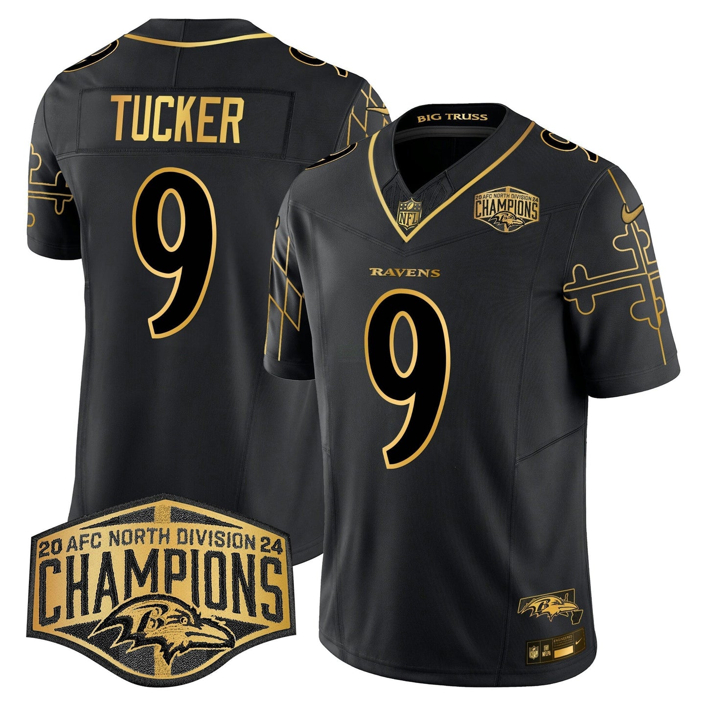 Camisa NFL Men’s Maryland Flag Map 2024 AFC North Division Champions Patch Dourada Vapor Limited Jersey